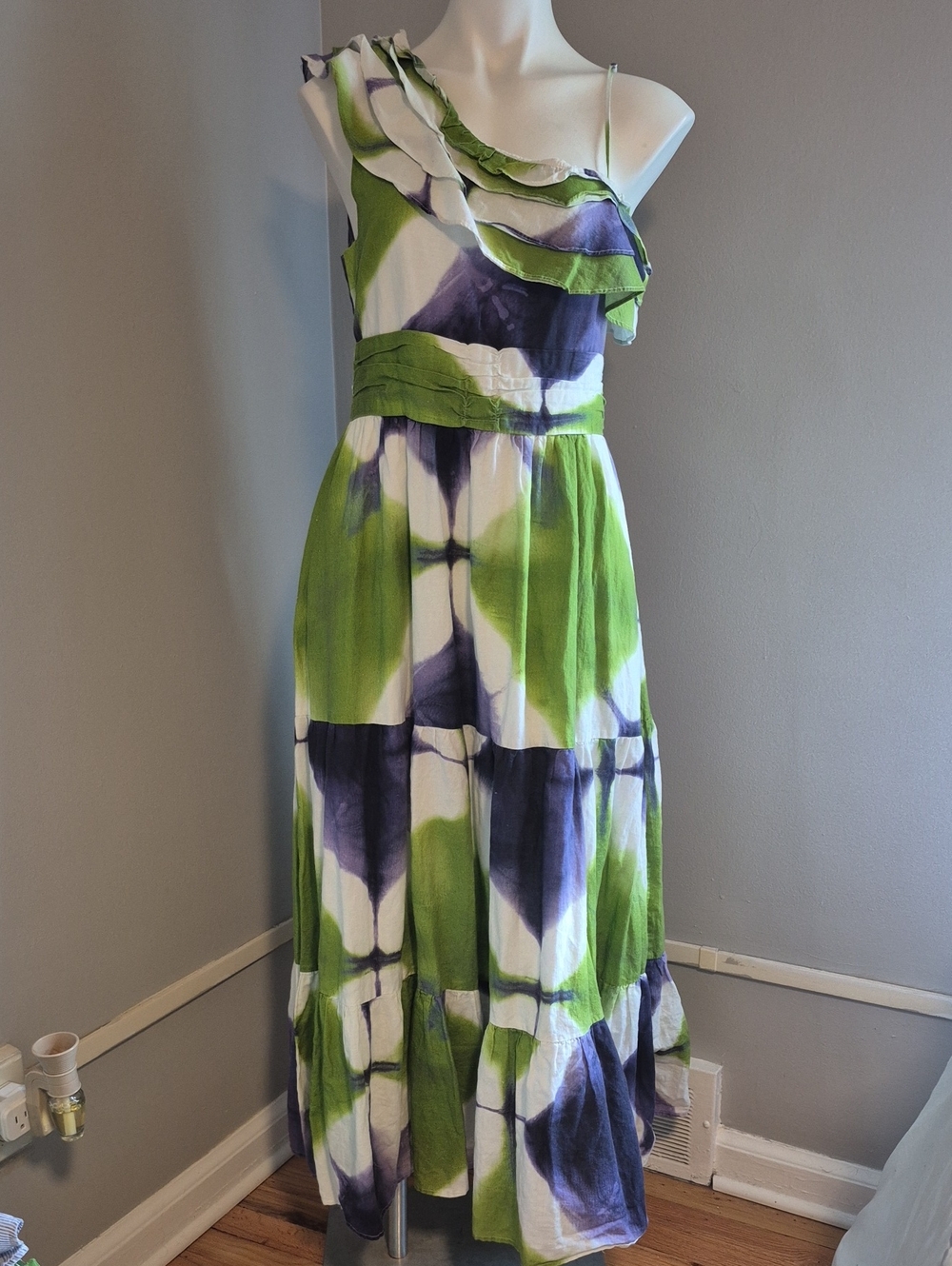 Busayo Collective One-Shoulder Green & Purple Tiered Maxi Dress